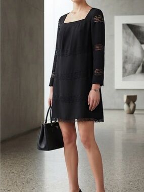 Prada Black Long-Sleeve Lace Inset Shift Dress